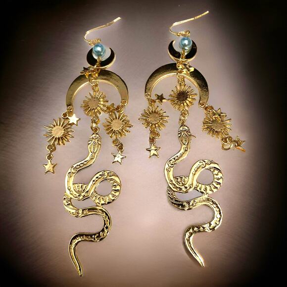 New Snake Gold Long Dangle Slytherin Celestial Goth Horror Earrings Chandelier - Picture 2 of 3